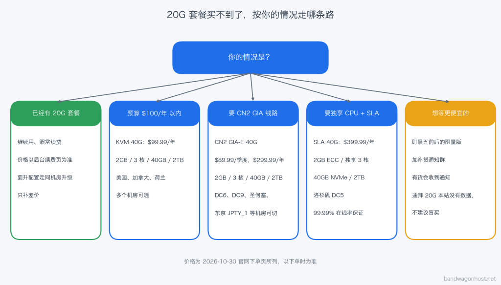 20G 套餐买不到了怎么办:已购用户、低预算、要 CN2 GIA、要独享 CPU、想等便宜的五种情况各走哪条路